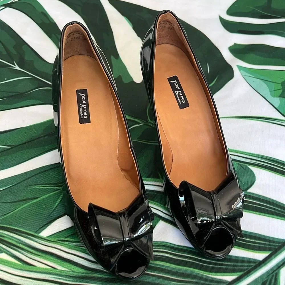 * Paul green black pattern heels with peep toe and bow detail